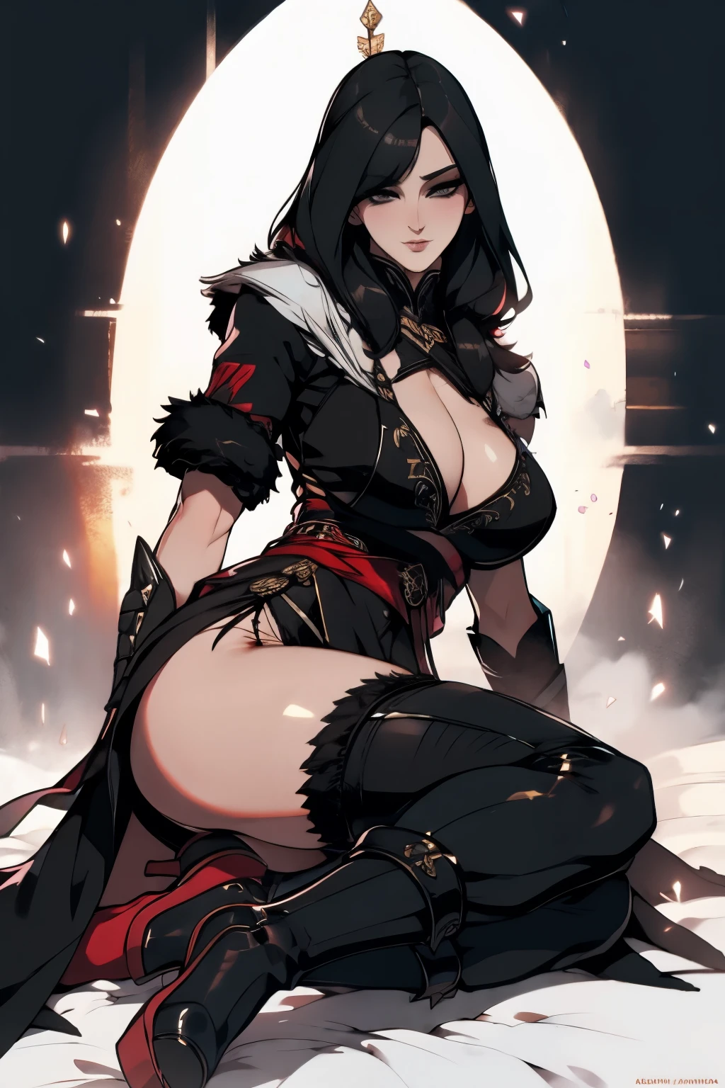 The woman, by the wide, long hair, black fur, black hair, fringe, pale, Pale skin, ((black eyes, black eyes)), scantily clad, black clothes, black clothes, Waders, hig boots, gloves, gloves, Cathedral, evening, fantasy