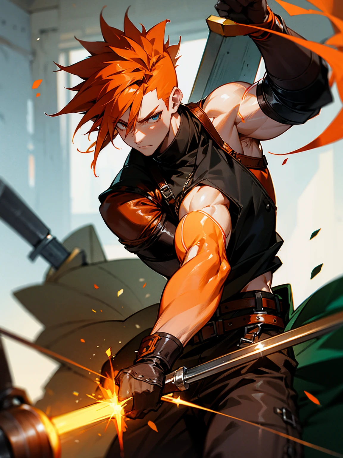 male, orange hair, mohawk, blacksmith, leather attire, holding a hammer, focused