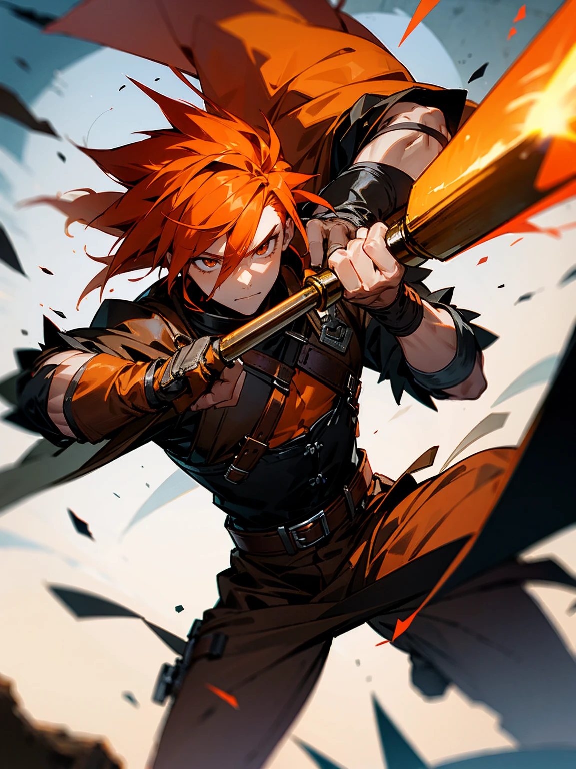 male, orange hair, mohawk, blacksmith, leather attire, holding a hammer, focused