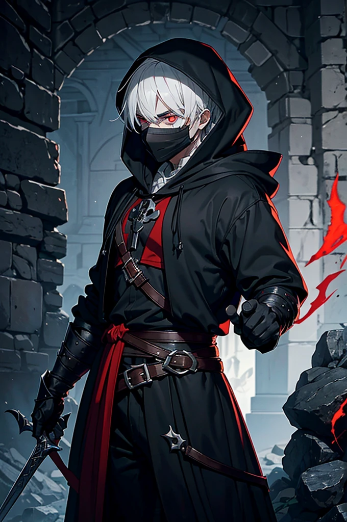 An assassin, male, fantasy character, physically strong, wearing a skull mask covering his face and eyes, dressed in black medieval attire, with a white hooded cloak over it, gray hair, short hair, red eyes, holding a dagger, nighttime background.