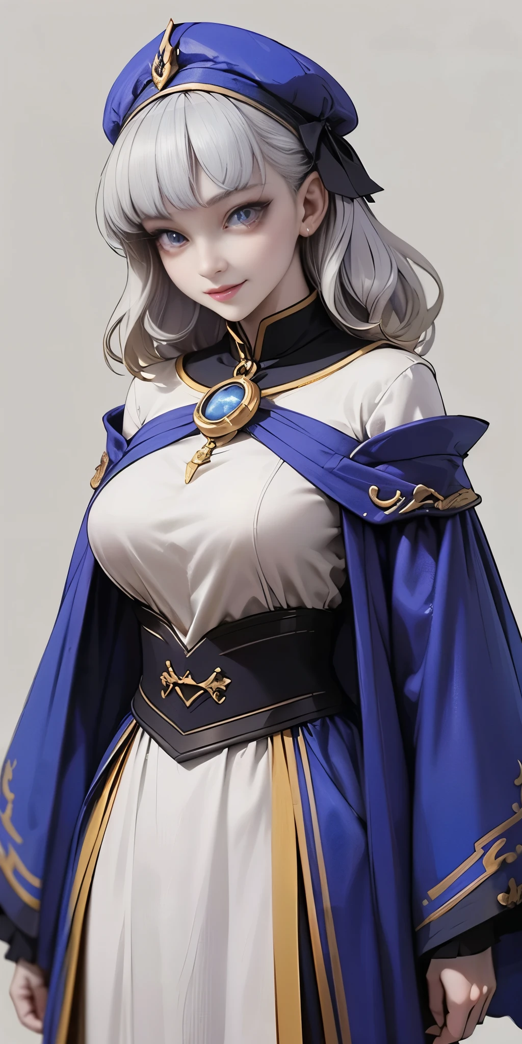 (Female chest covered)(smile) Gray skin, pale golden hair and violet eyes. She prefers clothing of white and silver with cloaks of deep blue or purple, village background, huge_knockers ((very precise detailed)) ((highres)