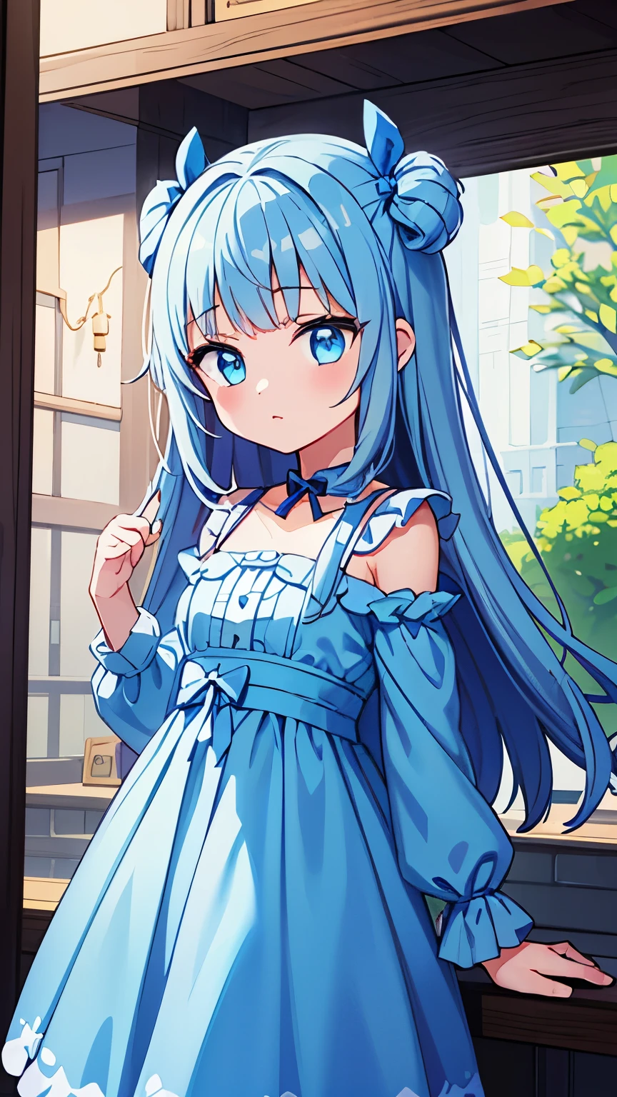 one girl,light blue 단발 헤어,light blue,yak,cute,