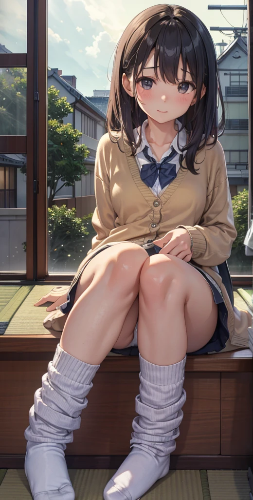 masterpiece highest quality high resolution、(cardigan), Sit with your knees apart、Beautiful feet 、I can see the 、On campus、As if looking up from below、Embarrassing、Beautiful Japanese woman in her 20s、Working on a computer at a window seat、Night view outside the window、Landscape screen size、
