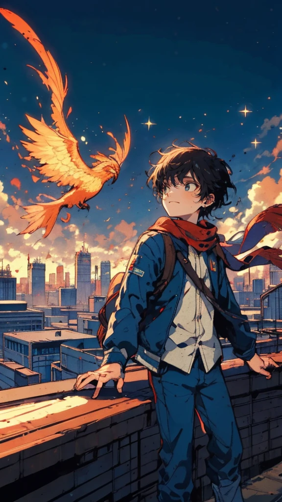 A solo teenager standing on a rooftop, looking at the sky, phoenix flying over the city, smoldering sky, stardust, dynamic camera angle, action pose, fantasy world, dark background, clean design, epic, artstation, colorful paint splatter, silhouette, hyper detailed intricate details, unreal engine, fantasy, splash screen, complementary colors, deviantart masterpiece, oil painting, heavy strokes, paint dripping, indifferent expression