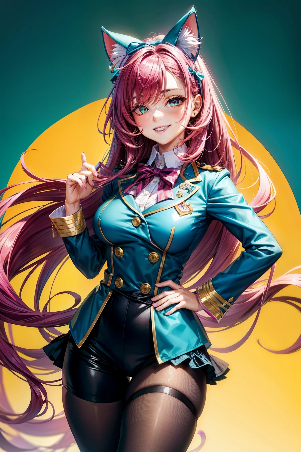 Magenta hair, hazel eyes, older woman, hair bows, cat ears, long hair, smiling face, sexy uniform outfit, teal and gold clothes, succulent plants background