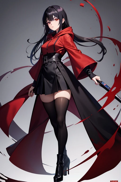Anime Art、Full body portrait、Serial killers in the fantasy world、A woman around 26 years old, around 150cm tall, wearing a red hooded robe and a black dress, holding a large knife in one hand、Black tights、Black Hair、Wearing a hood、Expressionless、Golden Eyes、Knee-high boots、A long black skirt that reaches down to the ankles、face is stained with blood