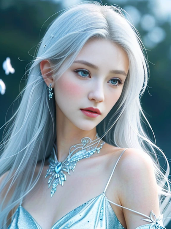 masterpiece, best quality,
Official Art,
Flying petals，
Detailed ice , Crystal texture skin, Cold expression, Fox ears,
White hair, Long hair, Messy hair, Blue eyes,
(Half body）, Full breasts,
Extremely exquisite and beautiful, Medium shot, Beauty detail eyes, Highly detailed, Inspiration, (Pretty Face),
Delicate water surface, (Source language portrait), Transcend-Details, Incredibly detailed, (extremety fine and beautiful),
Beautiful and delicate eyes,
(best quality)