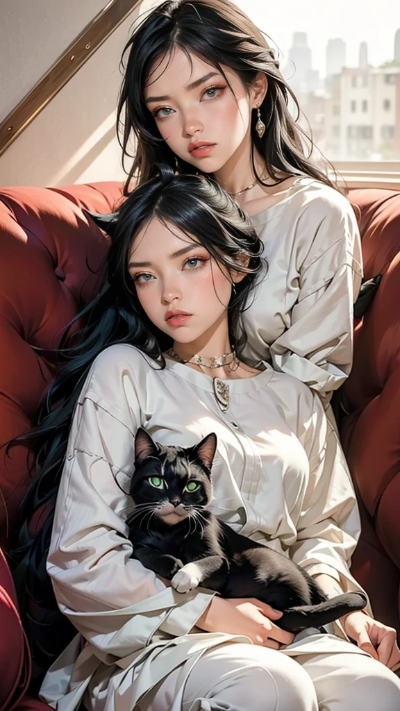 Woman with a cat on her lap, 25 years, Looking at a sleeping cat, green eyes, black hair, beautiful