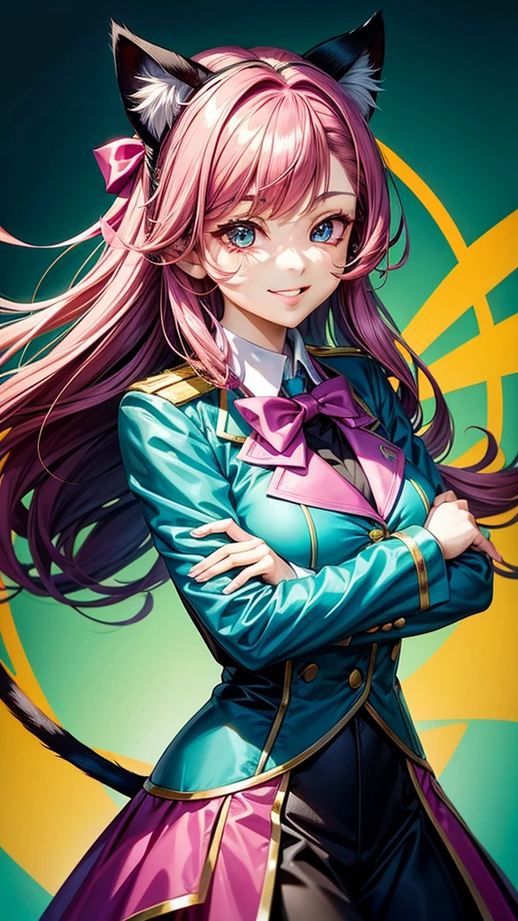 Magenta hair, hazel eyes, older woman, hair bows, cat ears, long hair, smiling face, sexy uniform, teal and gold clothes,plants background