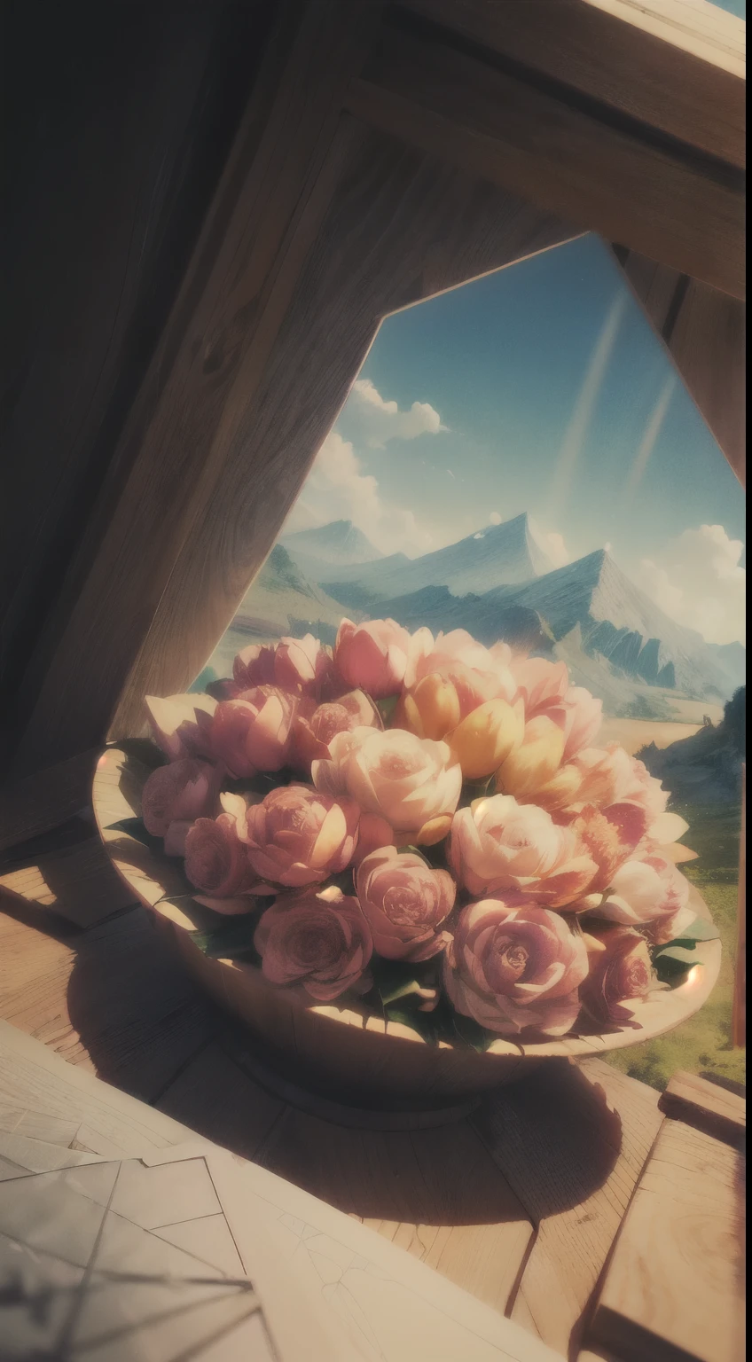 (sandbox:1.4),Movie angle,(sun, White cloud, Mountain々, In the woods, Rivers),(Paper Art,Quilted Paper Art,geometry),(Very colorful, Highest quality, Detailed explanation, masterpiece, Official Art, Cinematic lighting effects, 4K, Chiaroscuro),Rose of roses,Peach Blossom,peony,Tulip Tuli,