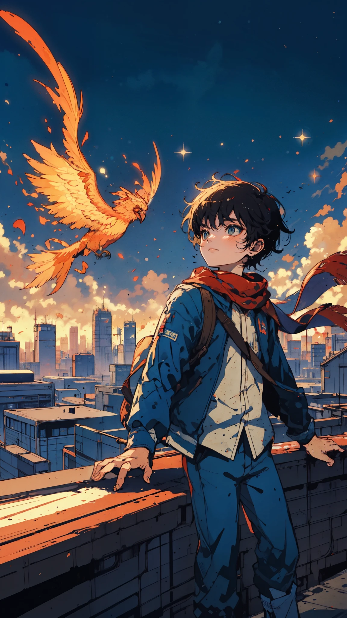 A solo teenager standing on a rooftop, looking at the sky, phoenix flying over the city, smoldering sky, stardust, dynamic camera angle, action pose, fantasy world, dark background, clean design, epic, artstation, colorful paint splatter, silhouette, hyper detailed intricate details, unreal engine, fantasy, splash screen, complementary colors, deviantart masterpiece, oil painting, heavy strokes, paint dripping, indifferent expression