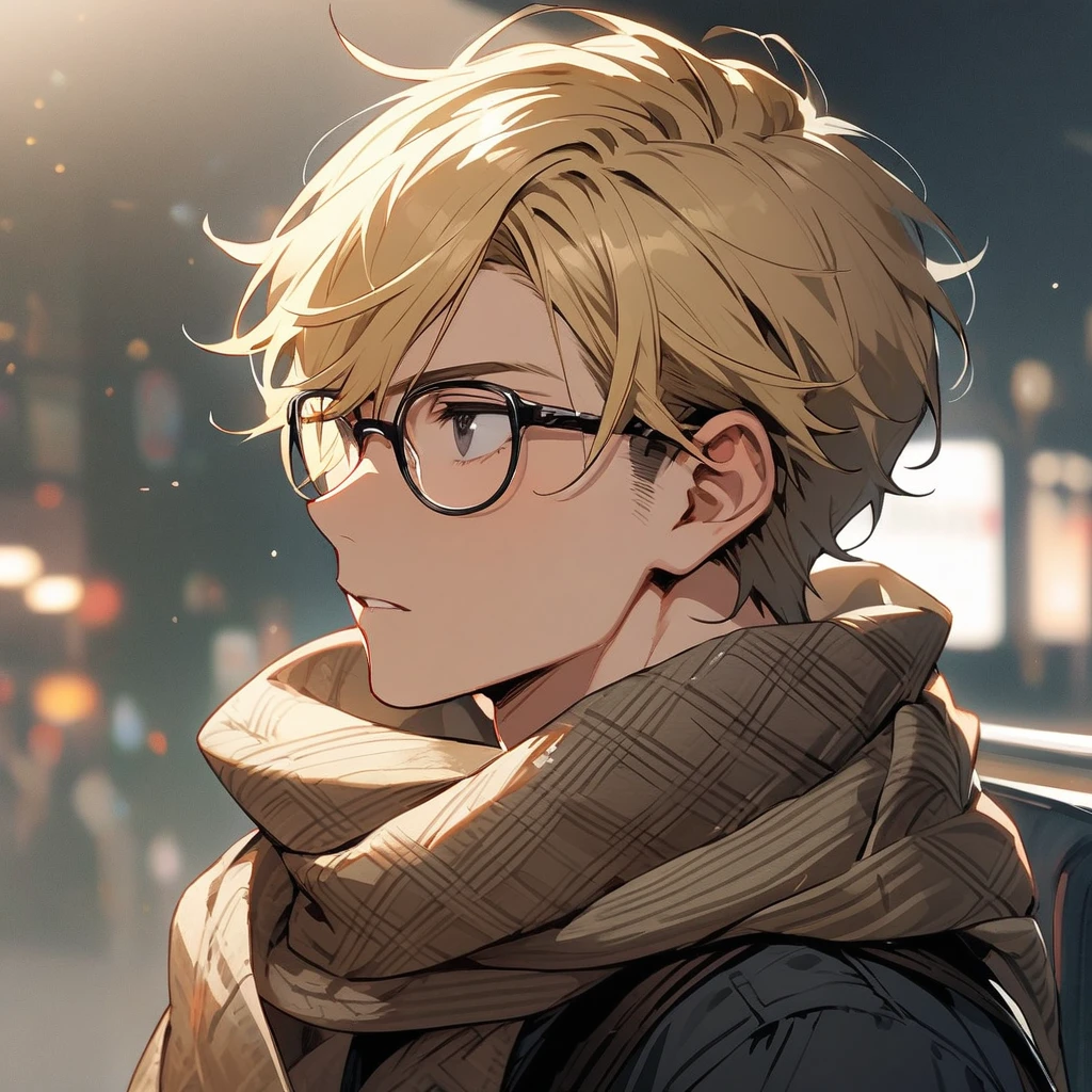 male, solo, handsome, blond hair, high detail, black eyes, wearing scarf, innocent, glasses, side view