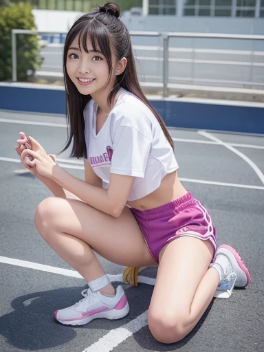Japanese female, (underweight), (flat chest best quality:1.5), a lot of details, detailed black hair, beautiful detailed hair, super fucking beautiful, delicate beautiful face, complex details beautiful and delicate eyes, perfect hands, perfect and delicate limbs, detailed skin, best quality, ultra-detailed,(cheerful grin:1.5),
(athletics stadium), (100m hurdles athlete), (jumping), hair bun, (colorful gym uniform), full body shot, side view, dynamic angle