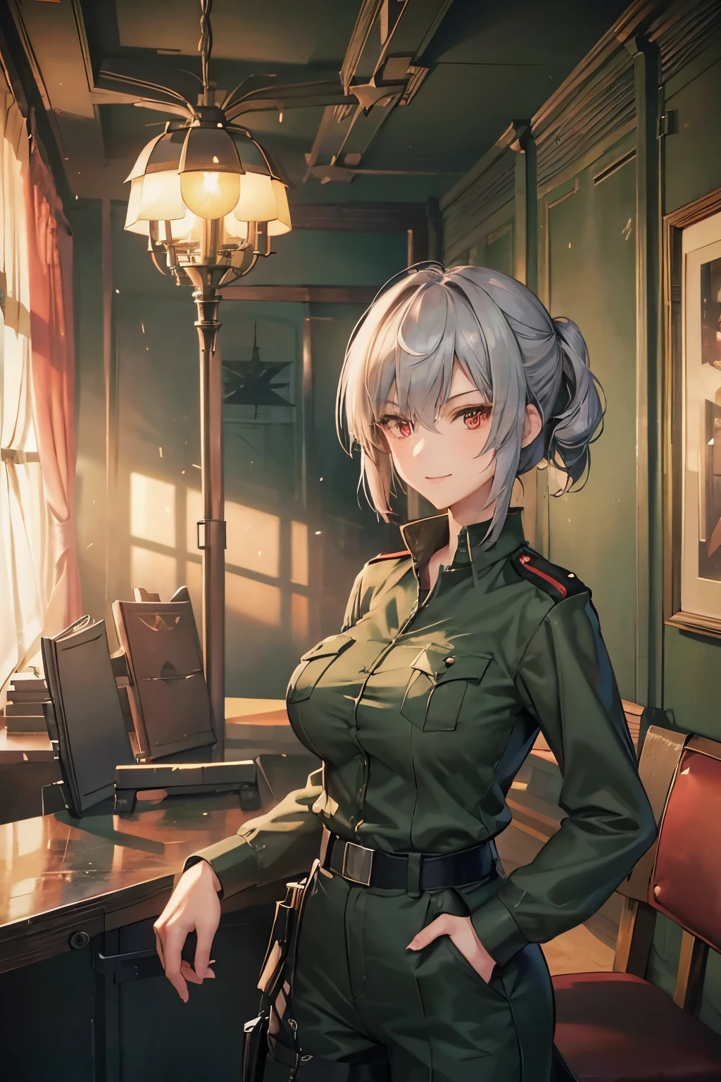 20-year-old sexy,cool,Adult women,Soviet officer,short silver half updo shaggy Cut hair,red eyes.((tsurime)),big breasts,a steady person,1940s,Wearing a dark green military uniform,wears dark green military trousers,The background is the officers' room.smileing,Hands in pockets