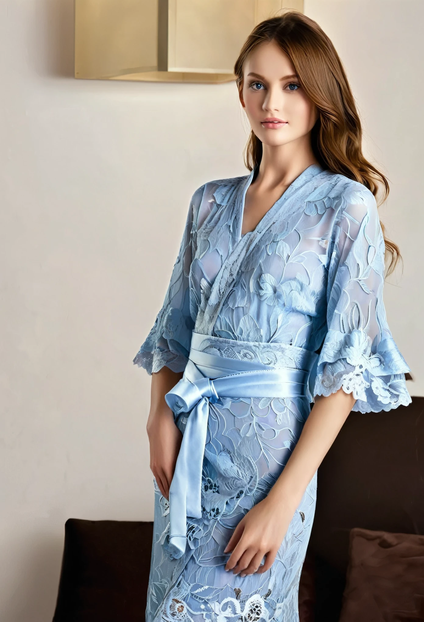 A beautiful Caucasian woman, slender woman with brown hair and blue eyes wearing a light blue dress.
This exquisite dress combines the sophistication of the kimono style with the delicacy of lace. With wide sleeves and flutter, waist marked with an obi belt and lace details that subtly adorn the silhouette, This dress exudes elegance and charm.. Perfect for a special occasion, This unique outfit evokes an aura of grace and timeless style.
