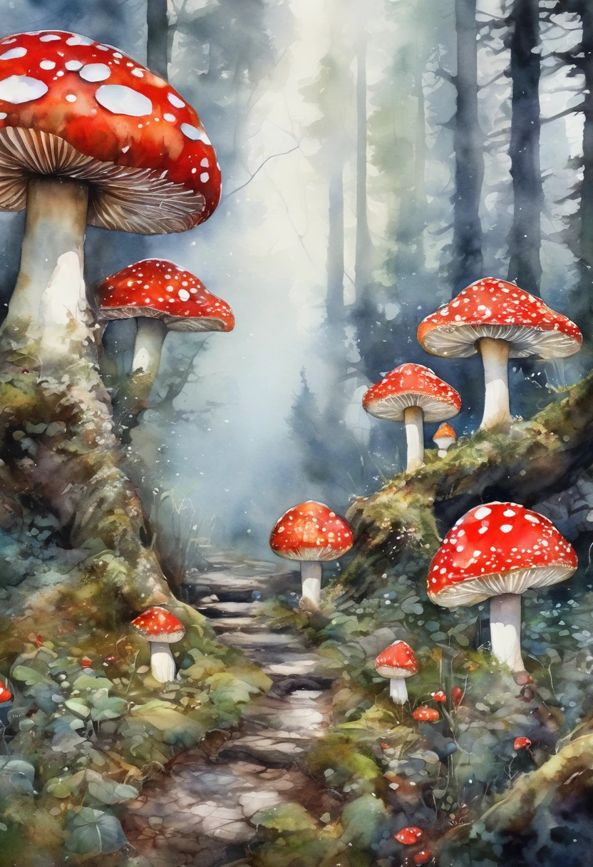 fantasy, enchanted forest, Snow White wanders among huge fly agarics, gloomy, spectacular, realistic, watercolor painting, beautiful, high resolution, high detail