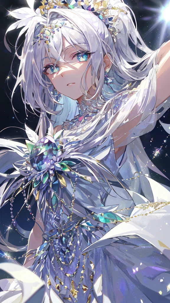 masterpiece, best quality, number, Alexandrite eyes and hair, Platinum earrings, Platinum necklace, Feather white dress, , Lovely, (Dynamic Lighting:1.2), light, Beautiful, Beautiful eyes, Sharp pupils, Realistic students, Boundary depth written, Bokeh, Clear focus, (Very detailed, bloom, shine:1.4), Many little gems, Large target 