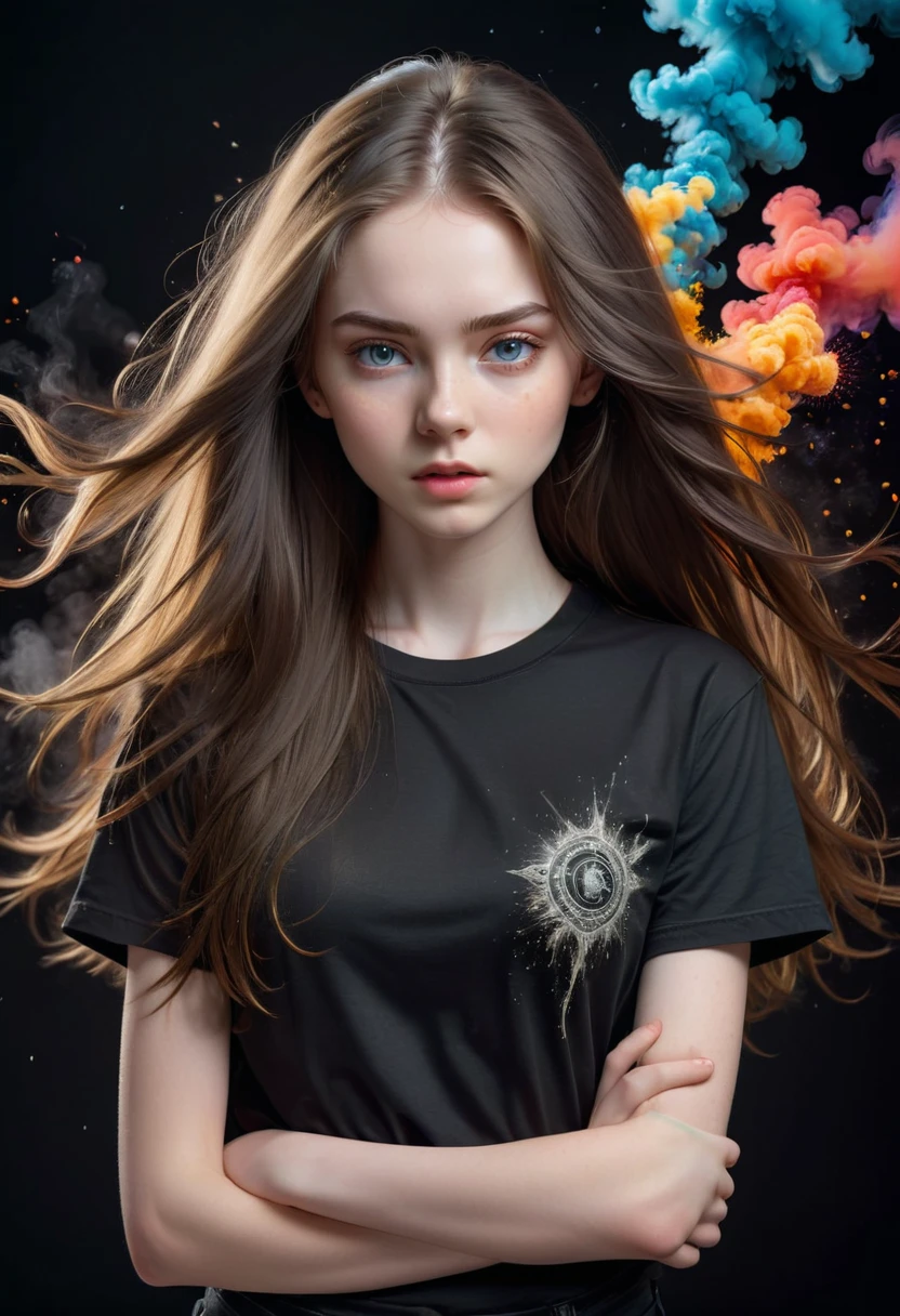 4D realistic image, ultra detailed realistic portrait of a stunning 18 year old woman,perfect skin,pale skin,fair skin,perfect eyes,ultra delicate face, wearing a black t-shirt, long flowing hair,hold gun,shot pose, soft lighting, intricate details on clothing and facial features, full body, longshot,exploding with fullcolor smoke particles splashing in background , colorful aesthetic with complementary colors .