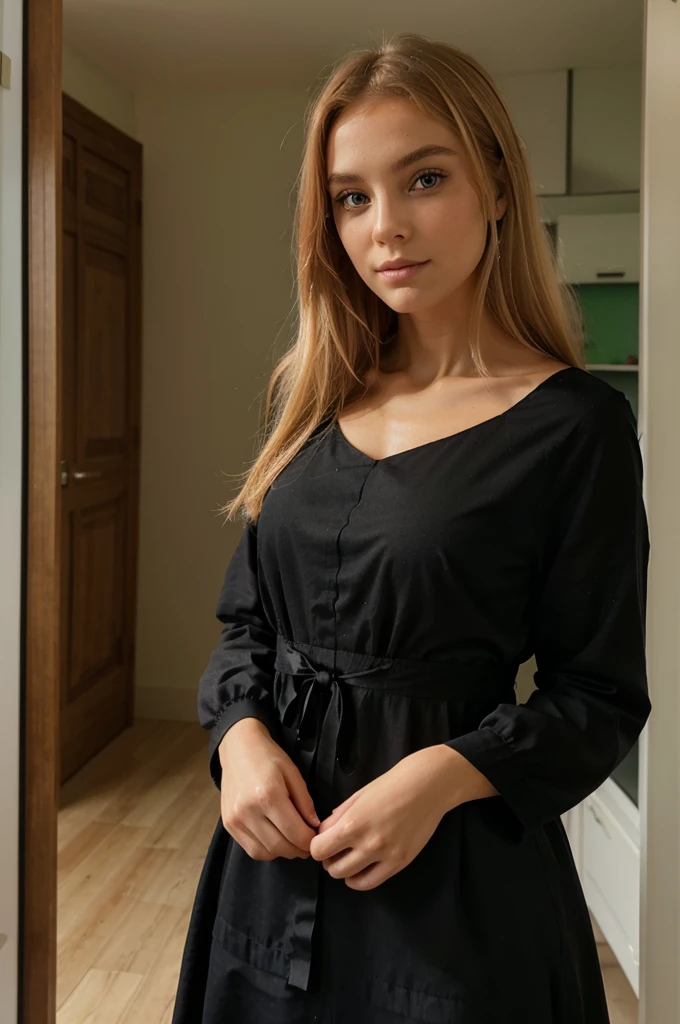 Une femme blonde magnifique au traits fin et aux yeux verts envoûtants vêtue d'une robe ???? qui fait un câlins a son chat roux