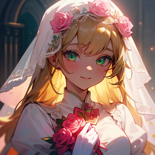 Upper body close-up, 1 Girl, adult, young, saint, Royalty, Blonde, long hair, bangs, (A white veil decorated with red roses), Green Eyes, kind, Sparkling eyes, (pink jewels), White costume, Pink ribbon, White gloves, (Red Rose), cute, smile, upright, (Front Light), front, right