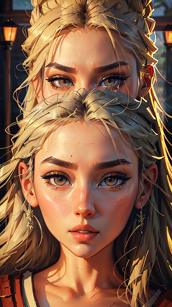 a beautiful tsunade from naruto, detailed portrait, beautiful eyes, beautiful lips, extremely detailed face and skin, long eyelashes, looking straight at the camera, medium shot, digital painting, oil painting, highly detailed, 8k, photorealistic, cinematic lighting, vibrant colors, warm color palette, magical fantasy style