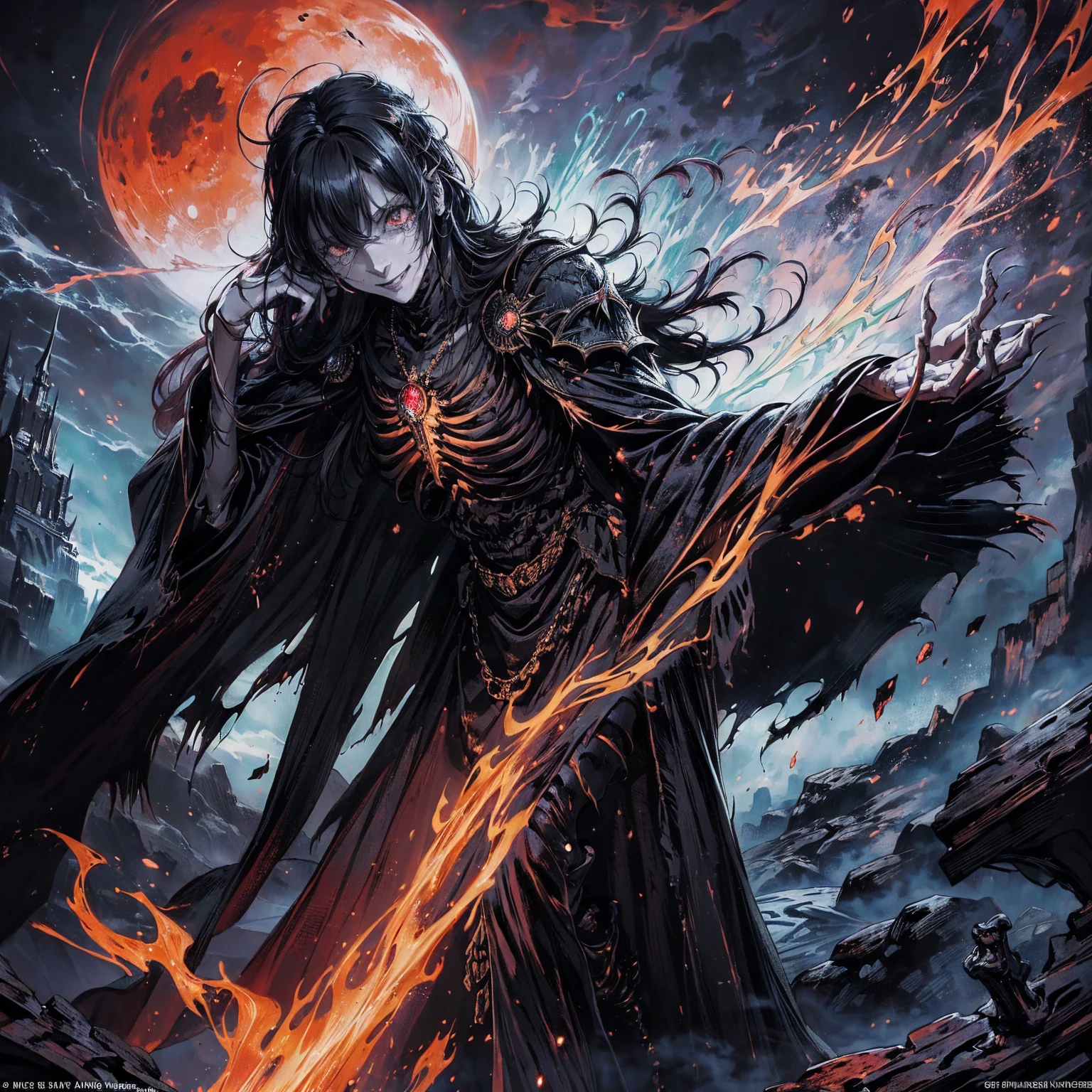 (full body shot:1.5), (Wide-angle lens:1.2), (black hair:1.5), best quality, 4K, high resolution, (masterpiece:1.2), Very detailed, (current:1.37), (Anatomically correct:1.2), Mood lighting, Undead girl in a long cloak, (Torso and limb is skeleton bone but head is still beautiful human face:1.2), Wearing a tattered gothic skirt, (A sense of alienation:1.2), (Dangerous sneer:1.2), (Smiling and crying:1.2), Dark Force (StarWar), Force lightning radiates from fingertips, Facing the camera, Pitch black sky, Blood red moon, strange atmosphere, Gothic style, Unforgettable beauty, Dramatic shadows, Ethereal Light, Mysterious atmosphere, Resurrection from the grave, The Black Magic, Dead, Anime characters with black hair, Detailed cover design, Anime epic artwork, detailed key anime art, Be focused, dark fantasy artwork, Anime Fantasy Artwork, Official artwork with high detail, Dark Witch Panorama, Lich Vecna (d&d)