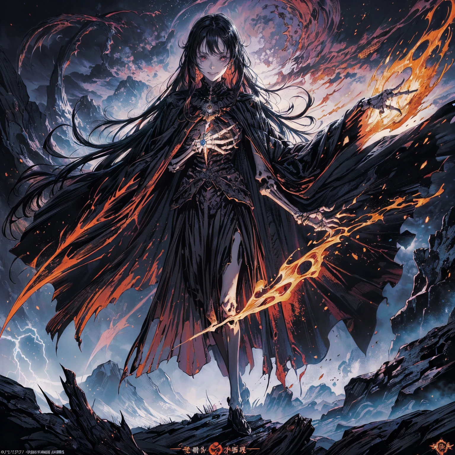 (full body shot:1.5), (Wide-angle lens:1.2), (black hair:1.5), best quality, 4K, high resolution, (masterpiece:1.2), Very detailed, (current:1.37), (Anatomically correct:1.2), Mood lighting, Undead girl in a long cloak, (Torso and limb is skeleton bone but head is still beautiful human face:1.2), Wearing a tattered gothic skirt, (A sense of alienation:1.2), (Dangerous sneer:1.2), (Smiling and crying:1.2), Dark Force (StarWar), Force lightning radiates from fingertips, Facing the camera, Pitch black sky, Blood red moon, strange atmosphere, Gothic style, Unforgettable beauty, Dramatic shadows, Ethereal Light, Mysterious atmosphere, Resurrection from the grave, The Black Magic, Dead, Anime characters with black hair, Detailed cover design, Anime epic artwork, detailed key anime art, Be focused, dark fantasy artwork, Anime Fantasy Artwork, Official artwork with high detail, Dark Witch Panorama, Lich Vecna (d&d)