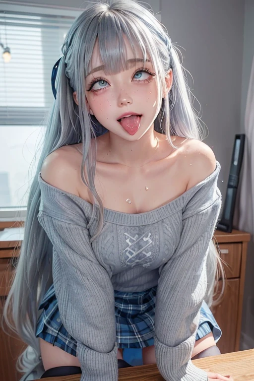 high quality, detailed,lady,(gray sweater,offshoulder,plain,very wet),blue eyes,blunt bangs,a mole under the eye,silver long hair,plaid skirt,get down on all fours,under the desk at office,tounge out,(blushing:1.3),smile,