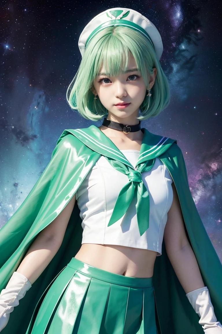 (((Mint green hair)))、(((A 14-year-old Japanese girl wearing a shiny short-sleeved sailor uniform with elbow gloves and a cloak over it.,smile)))、(((Mint green latex sailor collar)))、(((Mint Green Latex Pleated Skirt)))、choker、Earrings、ribbon、((belly button))、 (((Sailor Warrior Uniforms)))、、Beautiful ornaments: 美しいPerfect Face, Soft Skin、Perfect Face, Intricate details, Splash screen, 8k resolution, masterpiece, Cute Face、(((Space Background)))、Queen of Queenasterpiece, Highest quality, Highest quality, Official Art, Beauty and aesthetics: 1.2), (One girl: 1.3)