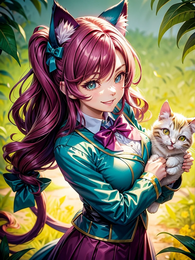 Magenta hair, hazel eyes, older woman, hair bows, cat ears, long hair, smiling face, sexy uniform, teal and gold clothes,plants background