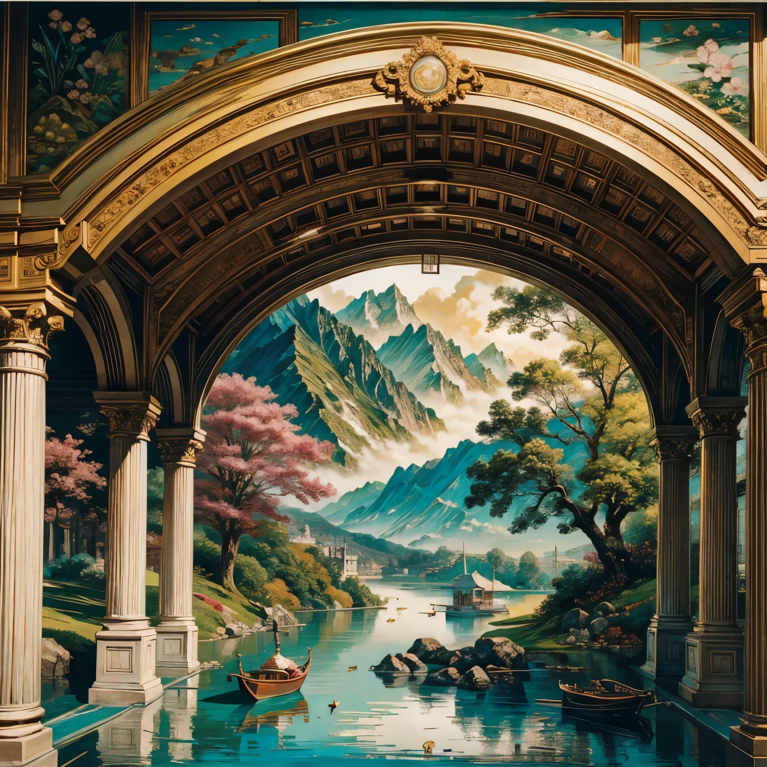 Chinese painting, Chinese Background, Mountain々, river, Auspicious clouds, Pavilion, sunlight, masterpiece, Super Detail, A magnificent composition, Ultra HD, high quality, Very detailed, Official Art, Unified Wallpaper, Super Detail, Diversification, etc.. --v 6 --s 1000 --c 20 --q 20 --chaos 100