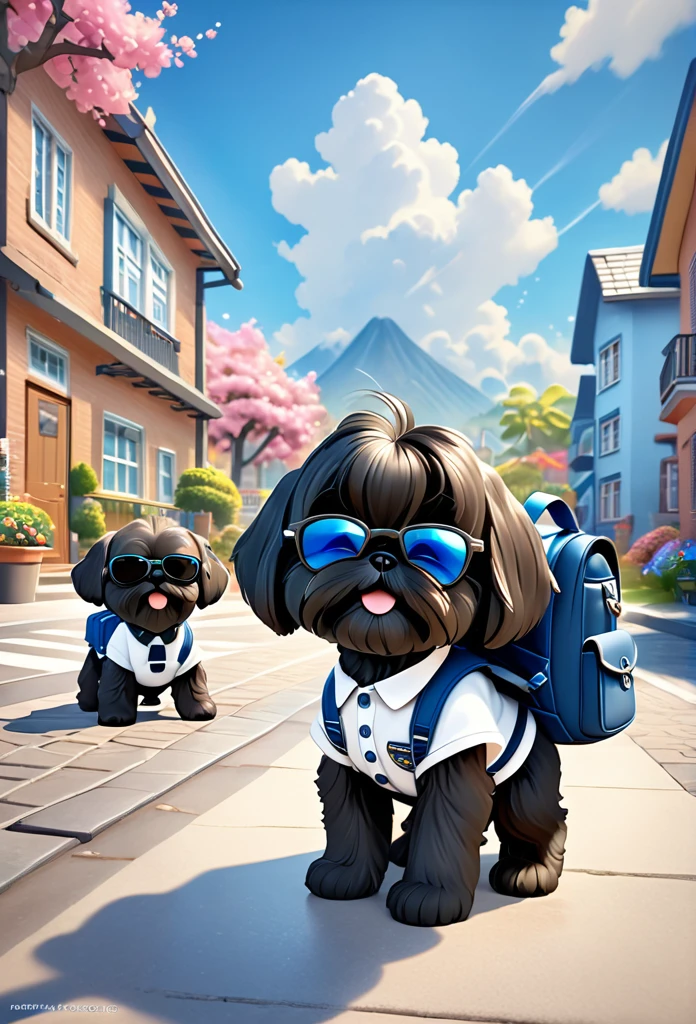 2 adorable black black black black black Shih Tzu puppies with big blue eyes wearing a backpack, silver collars and sunglasses go to school, school in background happy, playful 3D Pixar Style