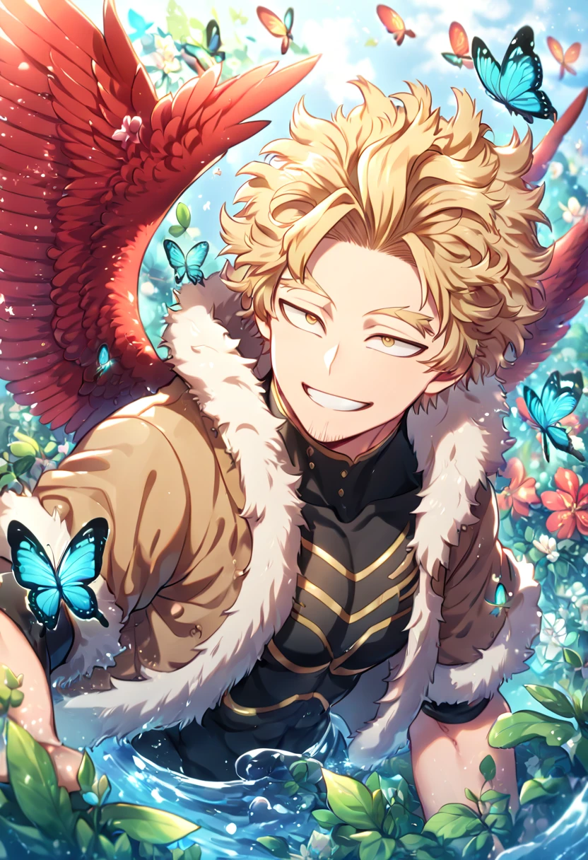 absurdres, highres, ultra detailed, HDR, master piece, best quality, extremely detailed face, delicated features, Hawks, ash-blonde hair, expressive golden brown eyes, faint stubble, Boku No Hero Academia, solo, sexy man, handsome, handsome smile, red wings, brown jacket with fur, black tight shirt with patterns, black gloves, fantasy, magical, butterflies, summer, green leaves, flowers, water
