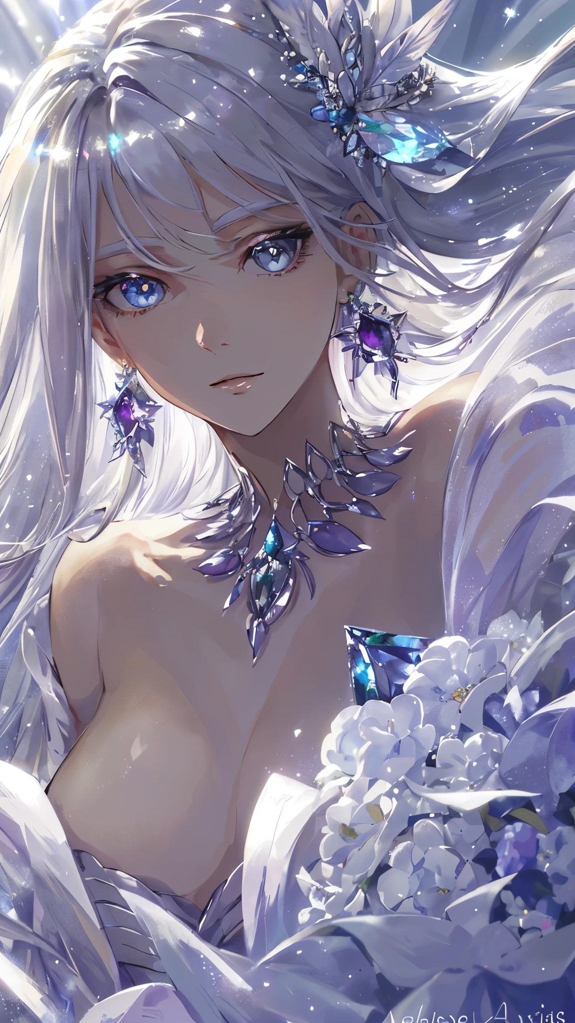 masterpiece, best quality, number, Alexandrite eyes and hair, Platinum earrings, Platinum necklace, Feather white dress, , Lovely, (Dynamic Lighting:1.2), light, Beautiful, Beautiful eyes, Sharp pupils, Realistic students, Boundary depth written, Bokeh, Clear focus, (Very detailed, bloom, shine:1.4), Many little gems, Large target