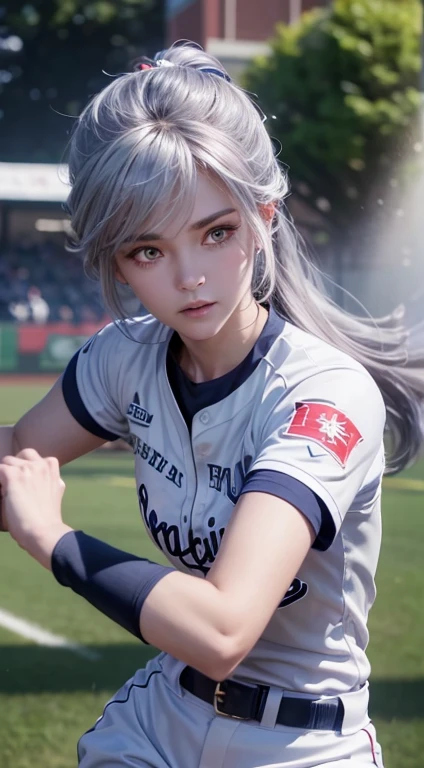 Female baseball player pitching，Baseball bat in hand，Batting dynamics，Correct ergonomics（1.5），masterpiece，Top quality，Ultra wide-angle lens（1.5)（Realistically，Realistically：1.4），（original photo：1.4），Very beautiful CG unity 8k wallpaper，Very delicate and beautiful，Mann pays attention to detail，Official Art，Beautiful eyes and face（1.5），Beautiful and delicate eyes，There is light on the face，A girl，Long white hair，（Pompom）Umbilical cord，Upper Body，Baseball uniform，He wears baseball gloves on his hands， Baseball Field，