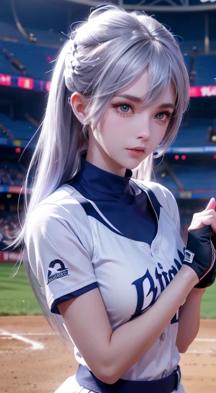 Female baseball player pitching,Baseball bat in hand,Batting dynamics,Correct ergonomics(1.5),masterpiece,Top quality,Ultra wide-angle lens(1.5)(Realistically,Realistically:1.4),(original photo:1.4),Very beautiful CG unity 8k wallpaper,Very delicate and beautiful,Mann pays attention to detail,Official Art,Beautiful eyes and face(1.5),Beautiful and delicate eyes,There is light on the face,A girl,Long white hair,(Pompom)Umbilical cord,Upper Body,Baseball uniform,He wears baseball gloves on his hands, Baseball Field,