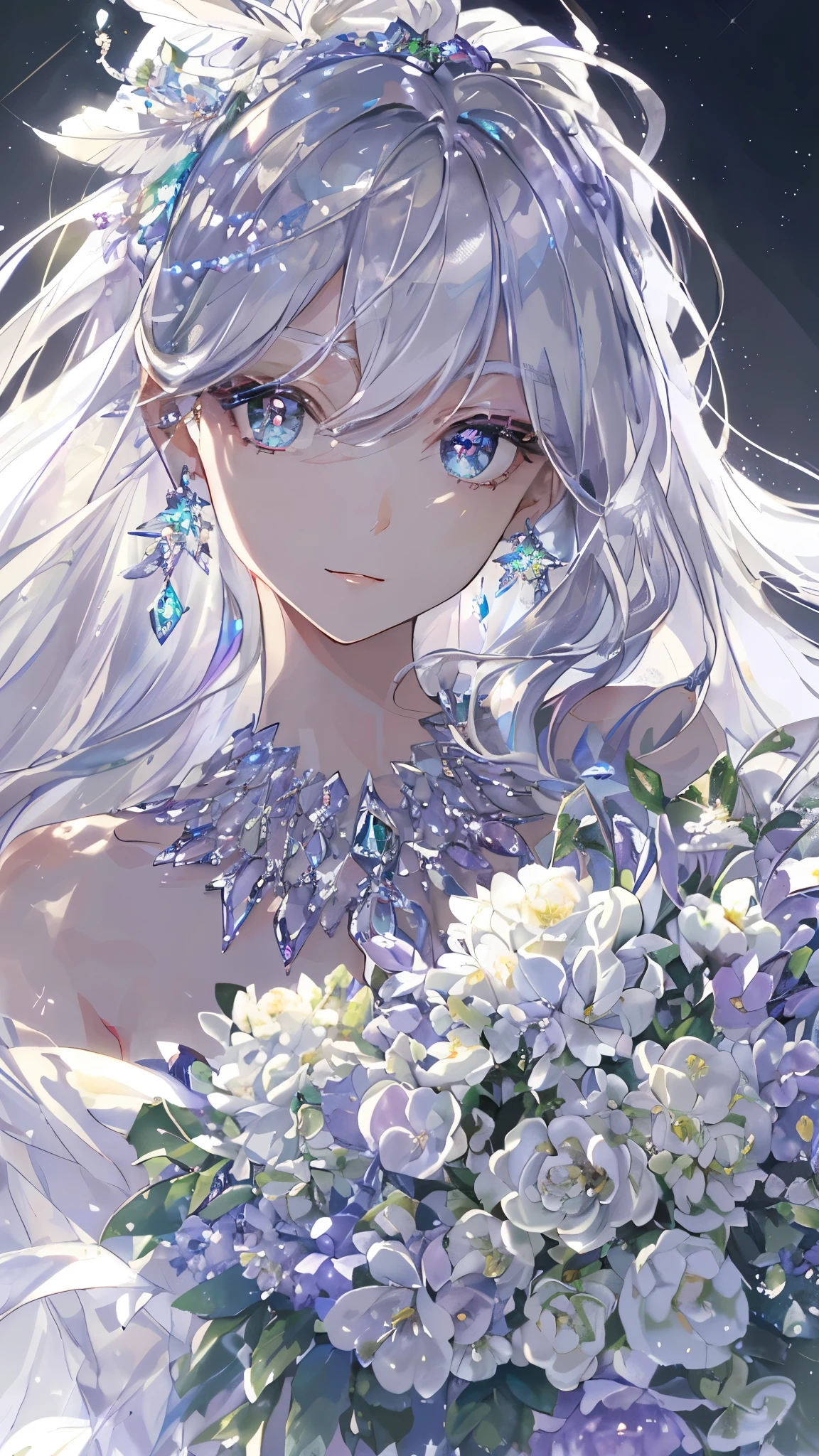 masterpiece, best quality, number, Alexandrite eyes and hair, Platinum earrings, Platinum necklace, Feather white dress, , Lovely, (Dynamic Lighting:1.2), light, Beautiful, Beautiful eyes, Sharp pupils, Realistic students, Boundary depth written, Bokeh, Clear focus, (Very detailed, bloom, shine:1.4), Many little gems, Large target 
