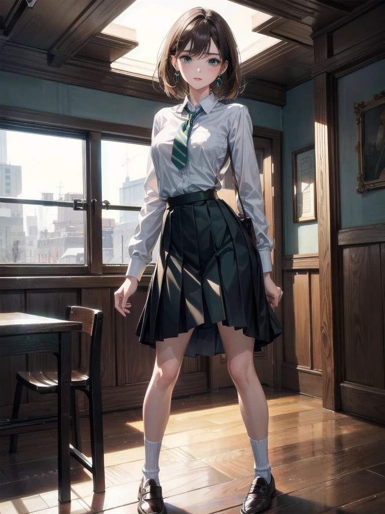 absurdres, RAW photo, extremely delicate and beautiful, masterpiece, Best Quality, ultra high resolution, 32k, hyperrealistic, ultra-detailed, perfect anatomy, super Detailed skin, perfect figure, Super Beauty, Perfect Style, Perfect balance, Beautiful Lighting, Perfect Lightning, Realistic Shadows, 20 years old, very Slim body, narrow waist, very small head, very small face, delicate facial features, handsome detailed woman, very detailed eyes and face, realistic face proportions, Realistic beautiful face, Realistic beautiful eyes, green eyes, brown hair tearful mole, earring, very huge round breasts, legs, medium hair, whole body shot, indoor, school_uniform, shirt, pleated skirt, socks, loafers,