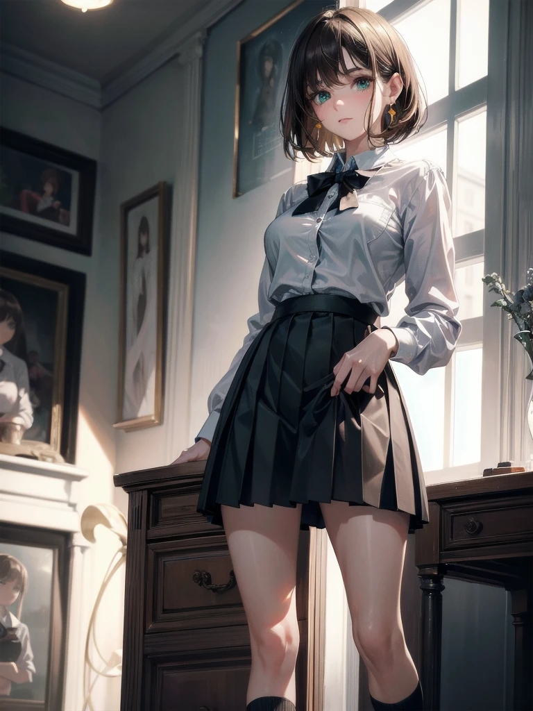 absurdres, RAW photo, extremely delicate and beautiful, masterpiece, Best Quality, ultra high resolution, 32k, hyperrealistic, ultra-detailed, perfect anatomy, super Detailed skin, perfect figure, Super Beauty, Perfect Style, Perfect balance, Beautiful Lighting, Perfect Lightning, Realistic Shadows, 20 years old, very Slim body, narrow waist, very small head, very small face, delicate facial features, handsome detailed woman, very detailed eyes and face, realistic face proportions, Realistic beautiful face, Realistic beautiful eyes, green eyes, brown hair tearful mole, earring, very huge round breasts, legs, medium hair, whole body shot, indoor, school_uniform, shirt, pleated skirt, socks, loafers,