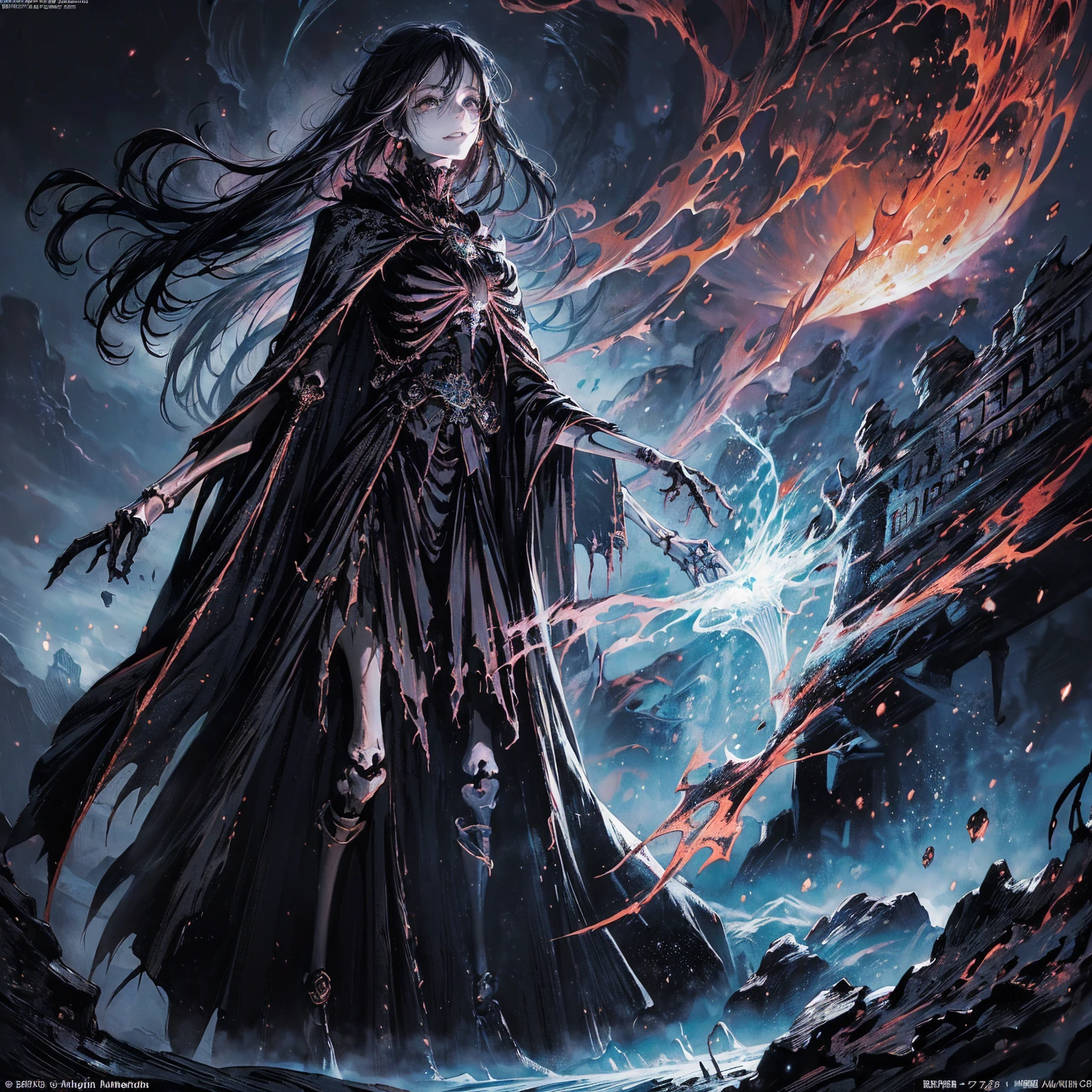(full body shot:1.5), (Wide-angle lens:1.2), (black hair:1.5), best quality, 4K, high resolution, (masterpiece:1.2), Very detailed, (current:1.37), (Anatomically correct:1.2), Mood lighting, Undead girl in a long cloak, (Torso and limb is skeleton bone but head is still beautiful human face:1.2), Wearing a tattered gothic skirt, (A sense of alienation:1.2), (Dangerous sneer:1.2), (Smiling and crying:1.2), Dark Force (StarWar), Force lightning radiates from fingertips, Facing the camera, Pitch black sky, Blood red moon, strange atmosphere, Gothic style, Unforgettable beauty, Dramatic shadows, Ethereal Light, Mysterious atmosphere, Resurrection from the grave, The Black Magic, Dead, Anime characters with black hair, Detailed cover design, Anime epic artwork, detailed key anime art, Be focused, dark fantasy artwork, Anime Fantasy Artwork, Official artwork with high detail, Dark Witch Panorama, Lich Vecna (d&d)