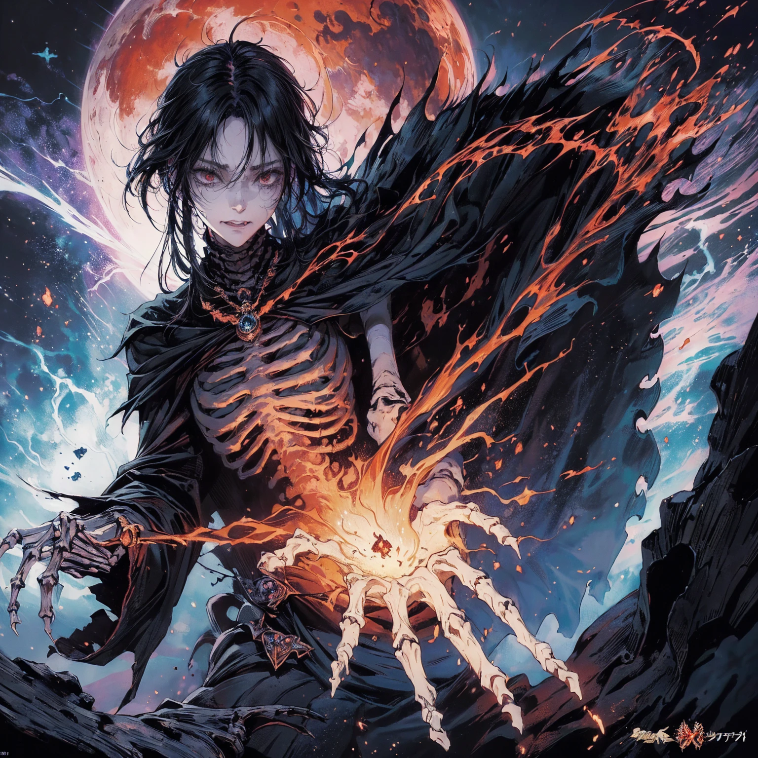 (full body shot:1.5), (Wide-angle lens:1.2), (black hair:1.5), best quality, 4K, high resolution, (masterpiece:1.2), Very detailed, (current:1.37), (Anatomically correct:1.2), Mood lighting, Undead girl in a long cloak, (Torso and limb is skeleton bone but head is still beautiful human face:1.2), Wearing a tattered gothic skirt, (A sense of alienation:1.2), (Dangerous sneer:1.2), (Smiling and crying:1.2), Dark Force (StarWar), Force lightning radiates from fingertips, Facing the camera, Pitch black sky, Blood red moon, strange atmosphere, Gothic style, Unforgettable beauty, Dramatic shadows, Ethereal Light, Mysterious atmosphere, Resurrection from the grave, The Black Magic, Dead, Anime characters with black hair, Detailed cover design, Anime epic artwork, detailed key anime art, Be focused, dark fantasy artwork, Anime Fantasy Artwork, Official artwork with high detail, Dark Witch Panorama, Lich Vecna (d&d)