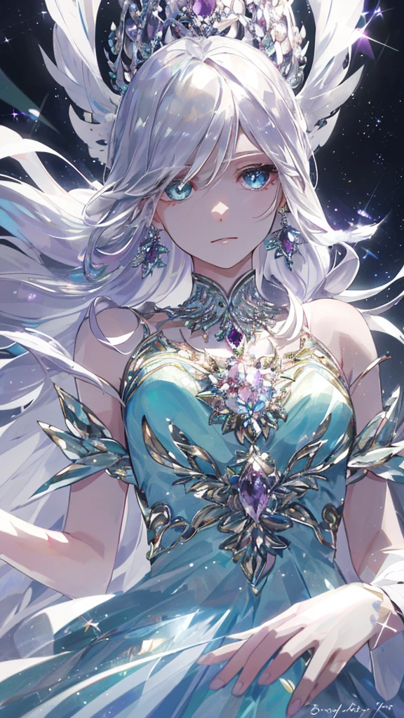 masterpiece, best quality, number, Alexandrite eyes and hair, Platinum earrings, Platinum necklace, Feather white dress, , Lovely, (Dynamic Lighting:1.2), light, Beautiful, Beautiful eyes, Sharp pupils, Realistic students, Boundary depth written, Bokeh, Clear focus, (Very detailed, bloom, shine:1.4), Many little gems, Large target