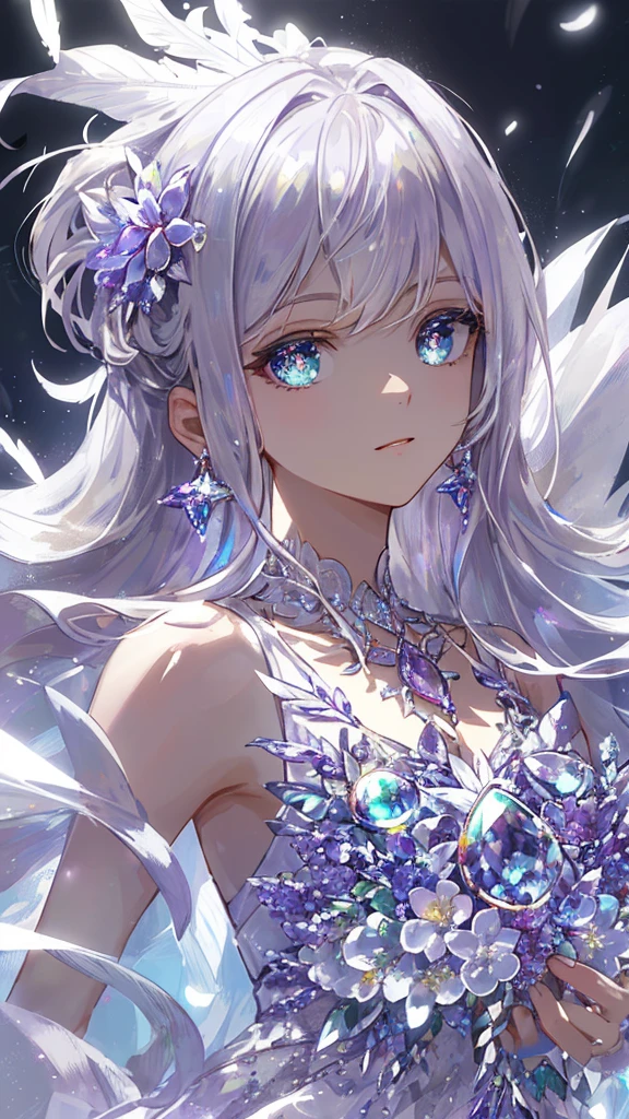 masterpiece, best quality, number, Alexandrite eyes and hair, Platinum earrings, Platinum necklace, Feather white dress, , Lovely, (Dynamic Lighting:1.2), light, Beautiful, Beautiful eyes, Sharp pupils, Realistic students, Boundary depth written, Bokeh, Clear focus, (Very detailed, bloom, shine:1.4), Many little gems, Large target