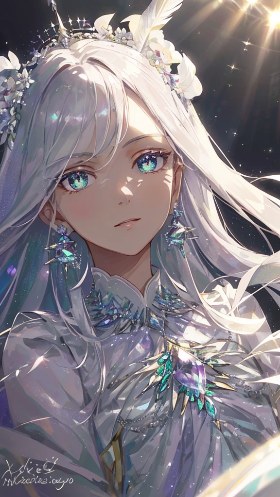 masterpiece, best quality, number, Alexandrite eyes and hair, Platinum earrings, Platinum necklace, Feather white dress, , Lovely, (Dynamic Lighting:1.2), light, Beautiful, Beautiful eyes, Sharp pupils, Realistic students, Boundary depth written, Bokeh, Clear focus, (Very detailed, bloom, shine:1.4), Many little gems, Large target
