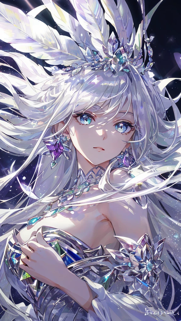 masterpiece, best quality, number, Alexandrite eyes and hair, Platinum earrings, Platinum necklace, Feather white dress, , Lovely, (Dynamic Lighting:1.2), light, Beautiful, Beautiful eyes, Sharp pupils, Realistic students, Boundary depth written, Bokeh, Clear focus, (Very detailed, bloom, shine:1.4), Many little gems, Large target