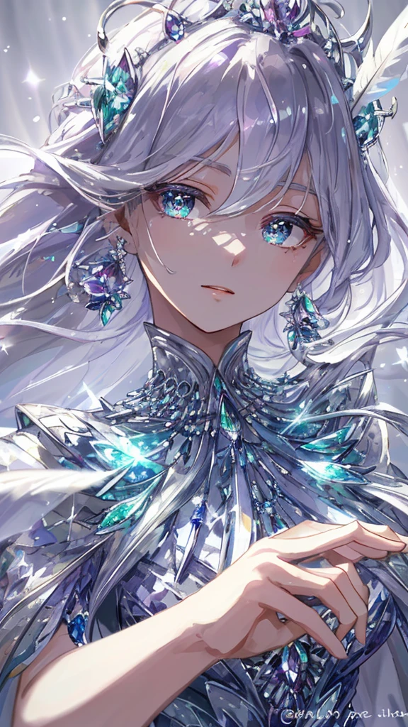 masterpiece, best quality, number, Alexandrite eyes and hair, Platinum earrings, Platinum necklace, Feather white dress, , Lovely, (Dynamic Lighting:1.2), light, Beautiful, Beautiful eyes, Sharp pupils, Realistic students, Boundary depth written, Bokeh, Clear focus, (Very detailed, bloom, shine:1.4), Many little gems, Large target 