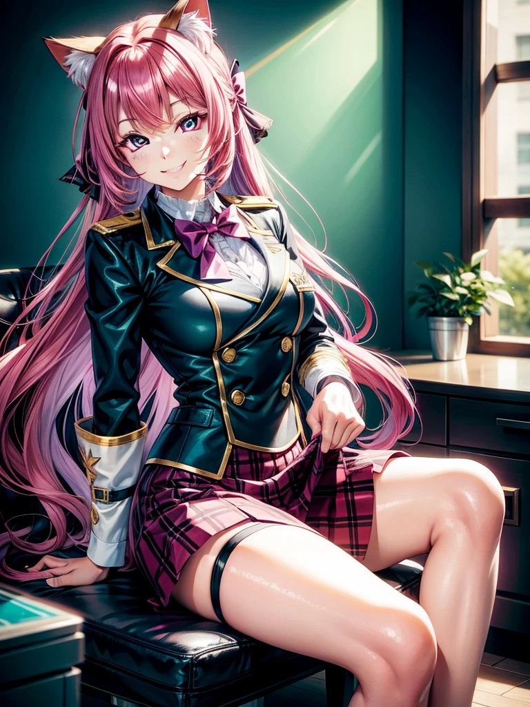 (best quality, highres:1.2), ultra-detailed, (realistic:1.37) girl, school uniform with ribbon, cute blazer, smiling, cleavage, beautiful girl, busty, loose socks, perfect beauty, school campus, multi-colored hair, stunning figure, happy girl