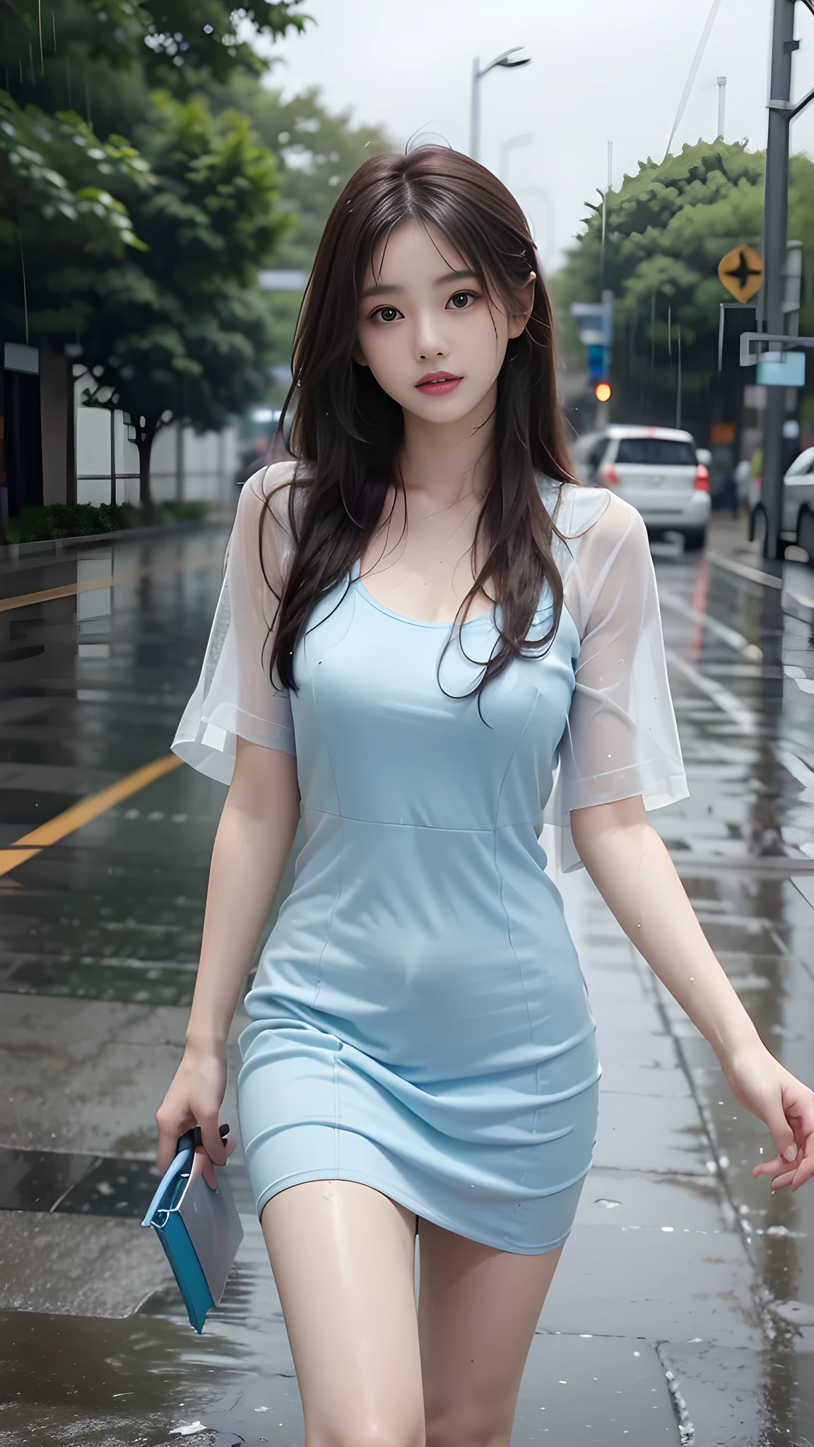 ulzzang-6500-v1.1, (RAW photo: 1.2), (Real photo), (Real photo: 1.4), 1 girl、Perfect anatomy、20 years old、Looking at the camera、Medium length hair, Wet hair in the rain, blue dress, ((on the street, in the rain: 1.2)), (Soaked clothes: 1.2), (Business service)、Asian eyes Ella,