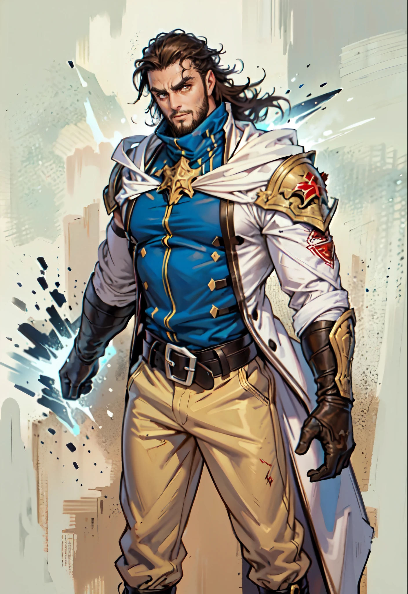(masterpiece:1.2, best quality:1.2, extremely delicate:1.2), ((male:1.5)), a middle-aged man with slicked-back brown long hair, golden parted bangs, raised thick eyebrows, sharp eyes, rugged features, a full beard, a confident smile, tall and sturdy build, a fantasy martial arts style white open-chest silk coat with a long hem, a yellow shawl, long gloves, a leather belt, canvas trousers, standing in a sunny desert oasis, this character embodies a finely crafted fantasy martial arts style desert ruler in anime style, exquisite and mature manga art style, dramatic, high definition, highres, ultra-detailed, ultra-fine painting, professional, perfect body proportions, golden ratio, anatomically correct, symmetrical face, extremely detailed eyes and face, high quality eyes, creativity, RAW photo, UHD, 32k, Natural light, cinematic lighting, (masterpiece-anatomy-perfect:1.2)