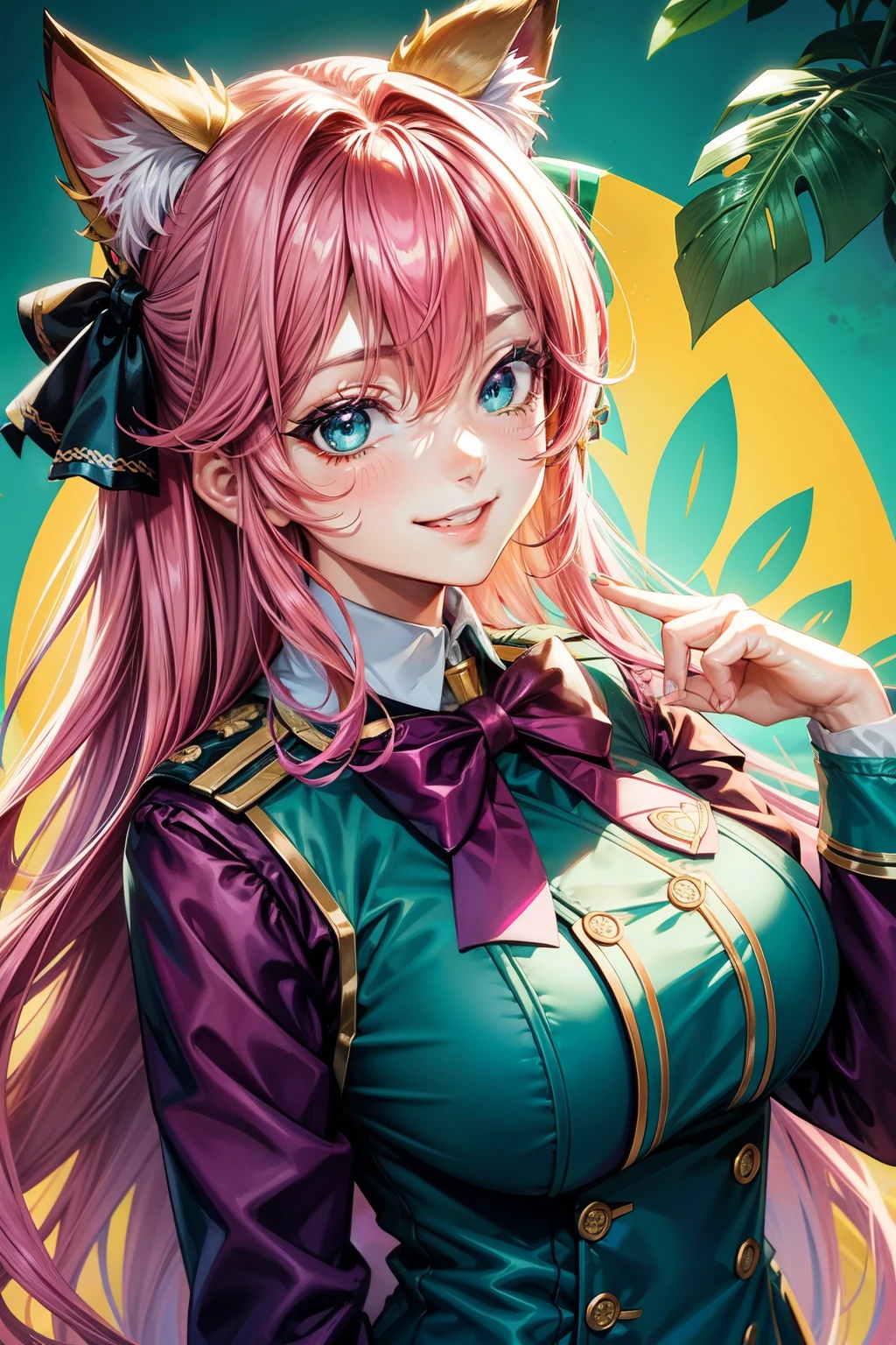 Magenta hair, hazel eyes, older woman, hair bows, cat ears, long hair, smiling face, sexy uniform outfit, teal and gold clothes, succulent plants background